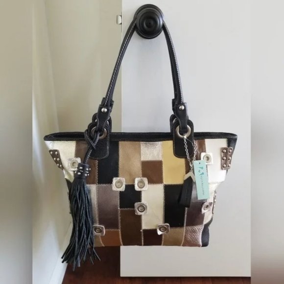 NWT DESIGNER DIRECT!! AQUA MADONNA Large Leather Patchwork Tote